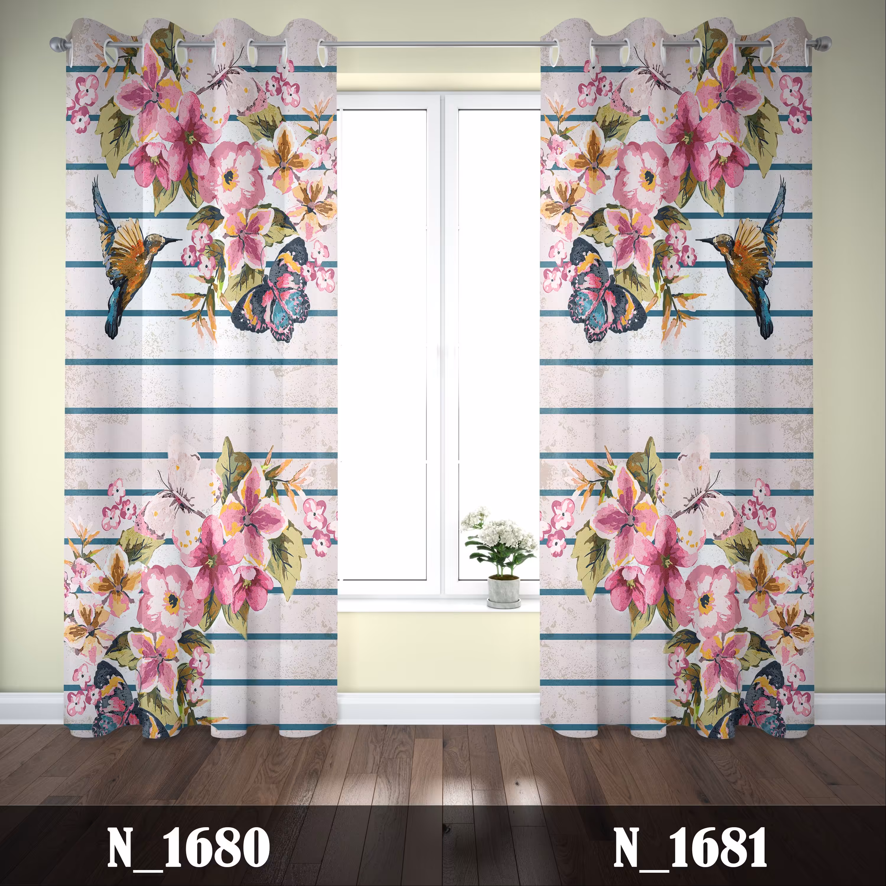 پرده چاپی پانچی طرح گل و پروانه و پرنده