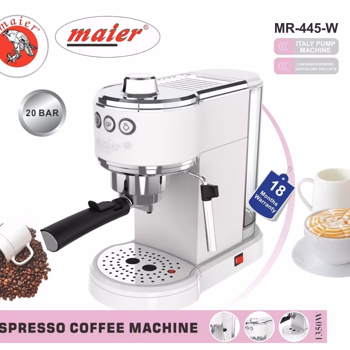 اسپرسوساز مایر 20بار رنگبندی سفید وسیلور