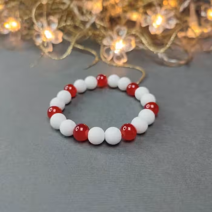 دستبند سنگی اونیکس onyx سفید قرمز نخی و کشی