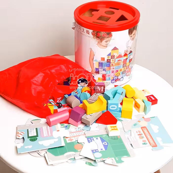 بلوک چوبی خانه سازی بریکس سطلی 100 تکه با صفحه بازی مدل JHTOY195