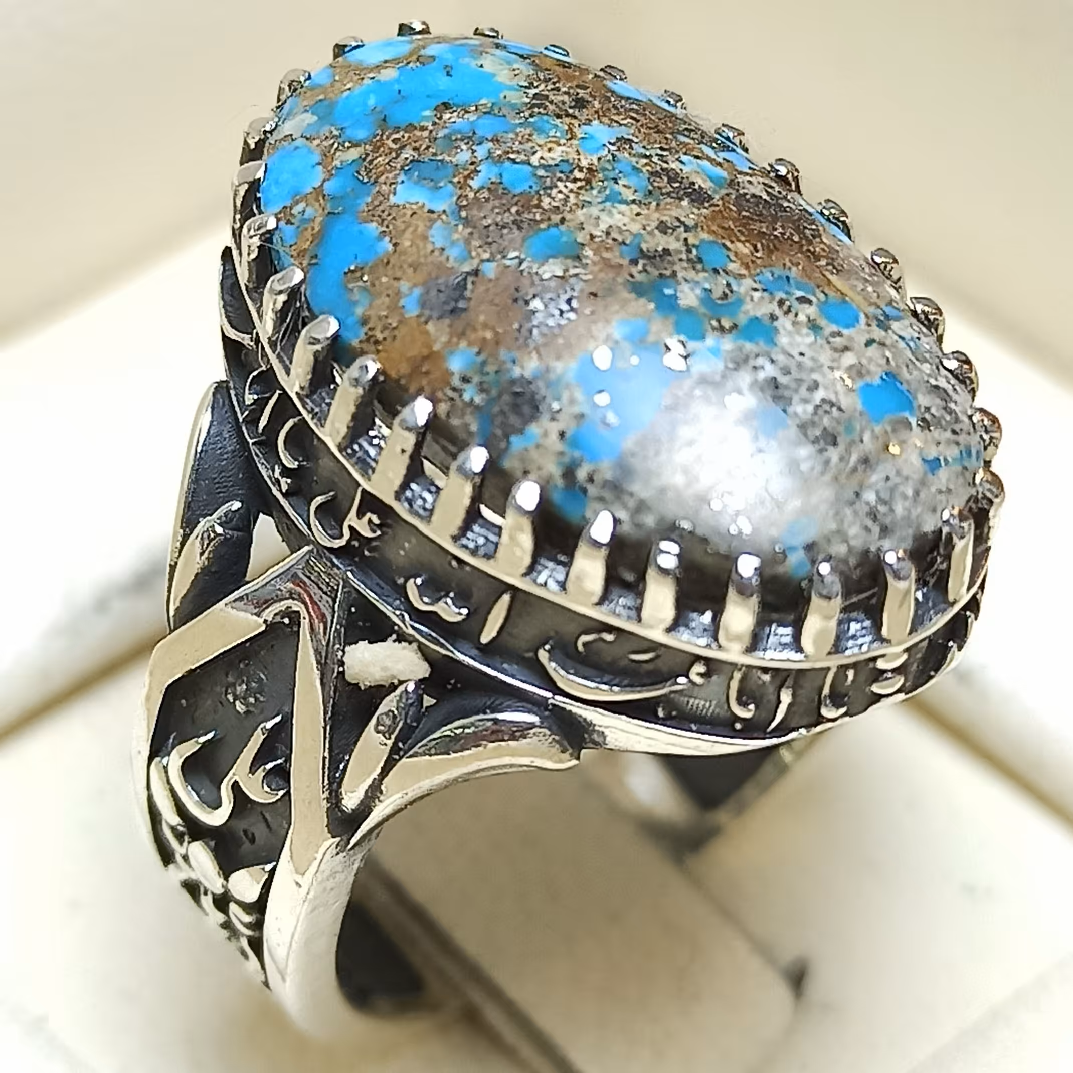 انگشتر فیروزه نیشابوری نقره شجری آبی 51