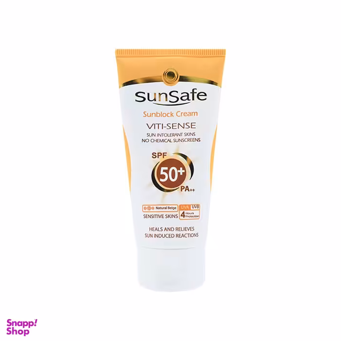 کرم ضدآفتاب و ضد چروک سان سیف SPF50+ رنگ بژ طبیعی مناسب پوست حساس حجم 50 میلی لیتر