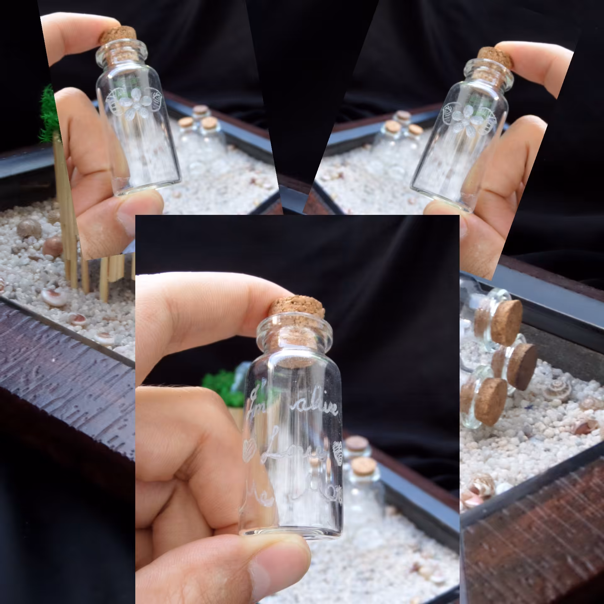 سه بطری شیشه ای 15cc حکاکی شده گل و طرح دلخواه با درب چوب پنبه ای