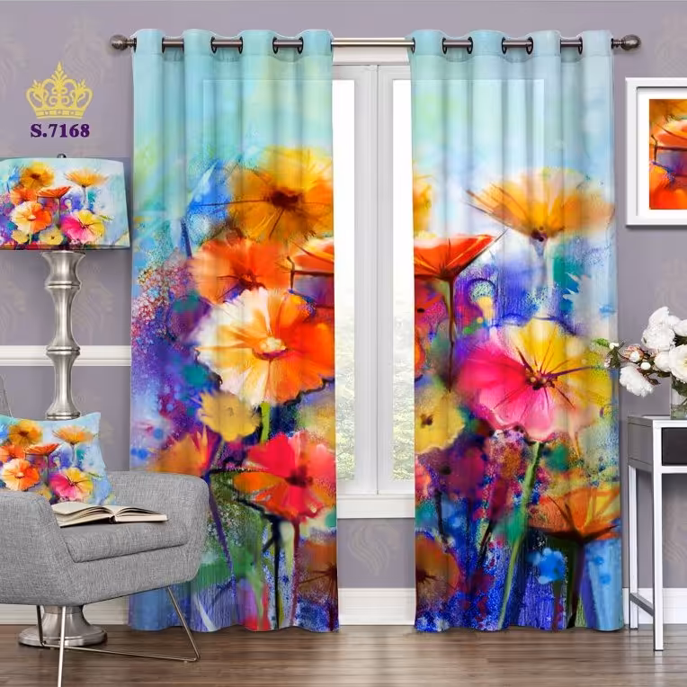 پرده پذیرایی دو قواره پانچ گلدار طرح گلهای آبرنگی کد S7168