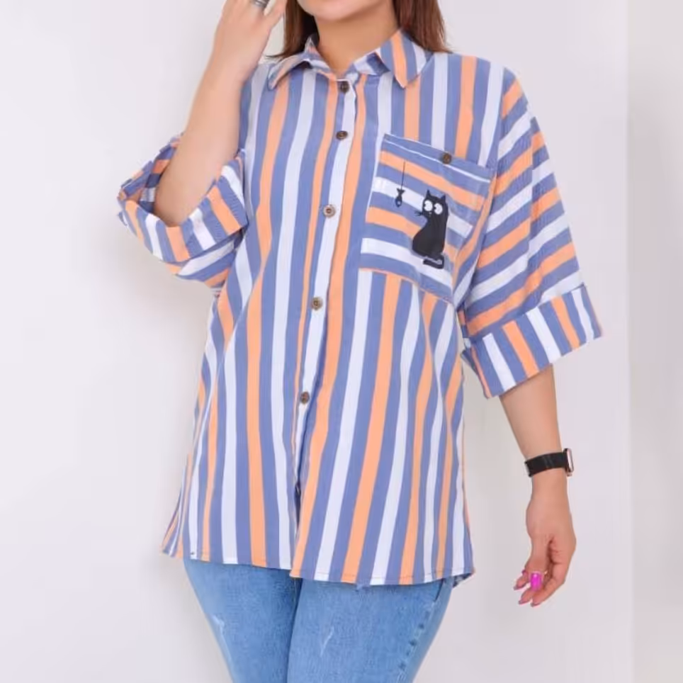 شومیز - مانتو زنانه لِنین راه راه و جیب دار. با چاپ گربه.