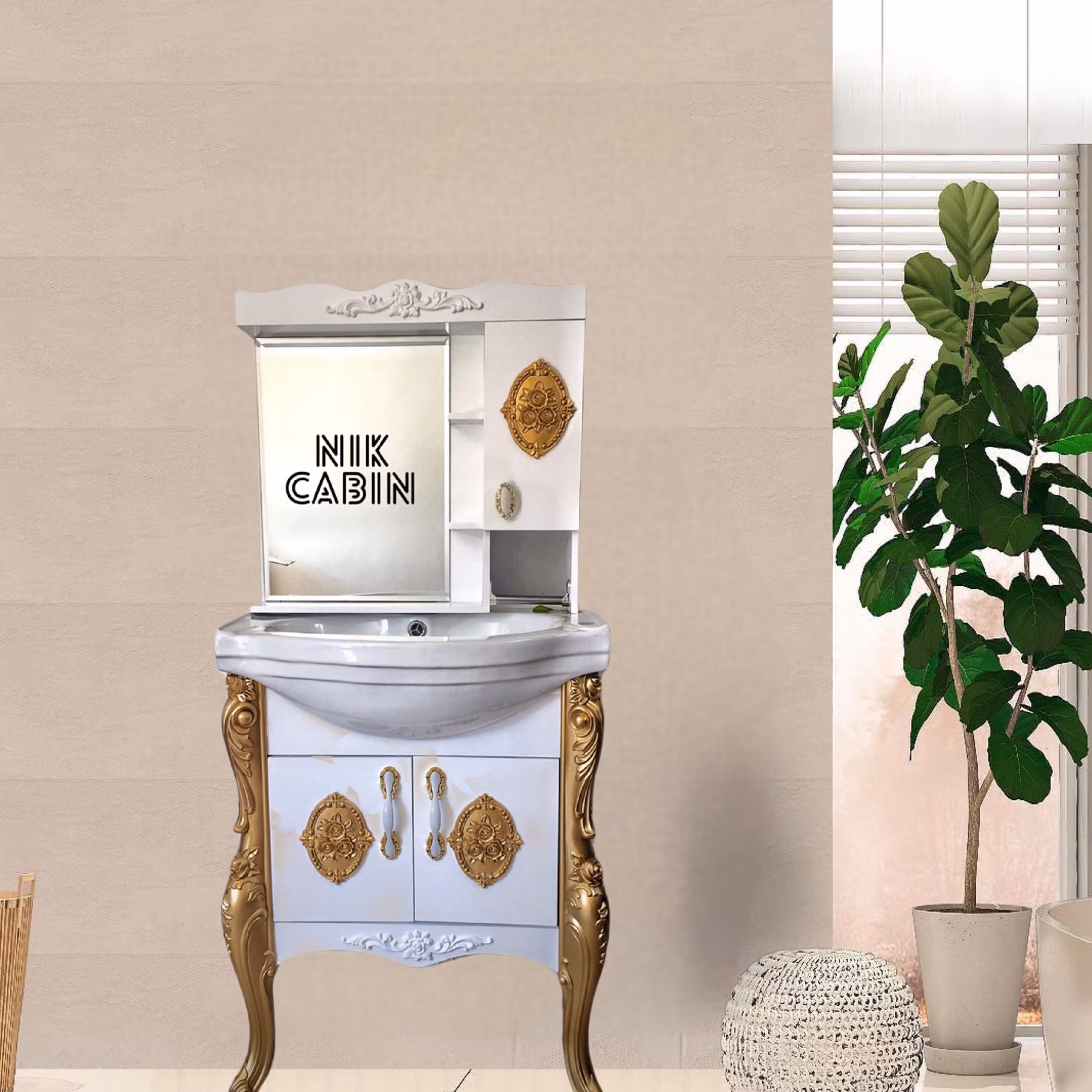 فول ست سفید زمینی پایه دار طلایی با سنگ آلپ مدل 9765 روشویی کابینتی سنگ آینه باکس 