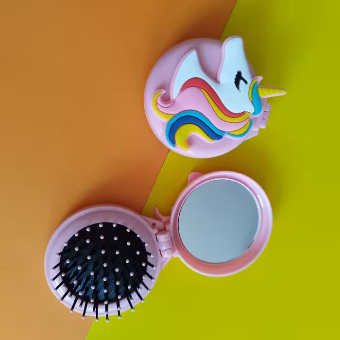 آینه و برس تاشو فانتزی وارداتی دخترانه طرح یونیکورن