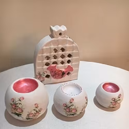 ست جا شمعی- قفس مرغ امین-6 تیکه-سینی سرامیکی-جاشمعی سفال-قابل شستشو