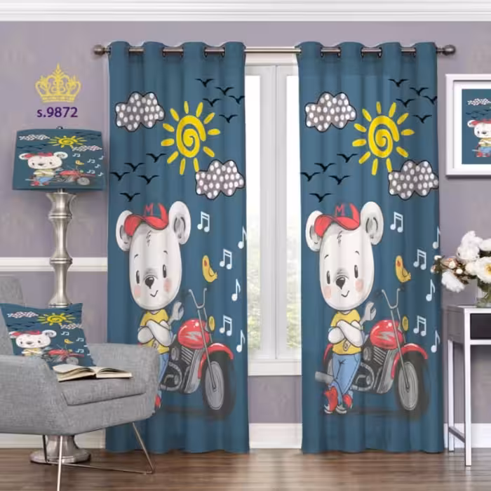 پرده اتاق کودک  دو قواره پانچ آماده طرح خرس و موتور کد S9872