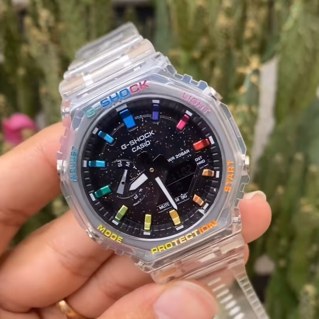 ساعت  جی شاک  GA2100 شیشه ای (جیشاک GShock) بند شیشه ای  ایندکس رنگی صفحه کهکشانی.عقربه پمپی.روز شمار دیجیتال