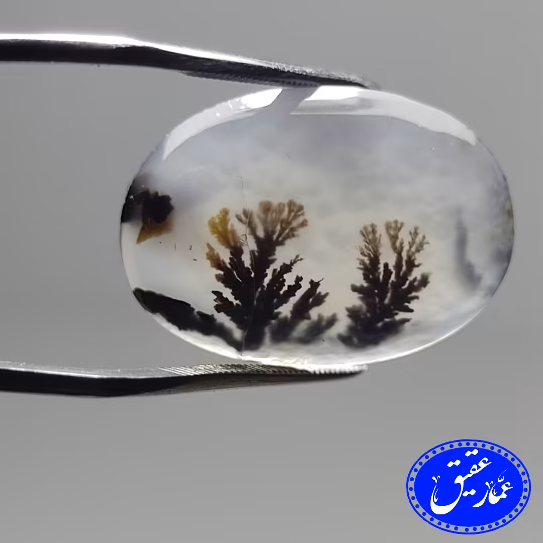 نگین عقیق شجر منظره با طبع شیشه ای 