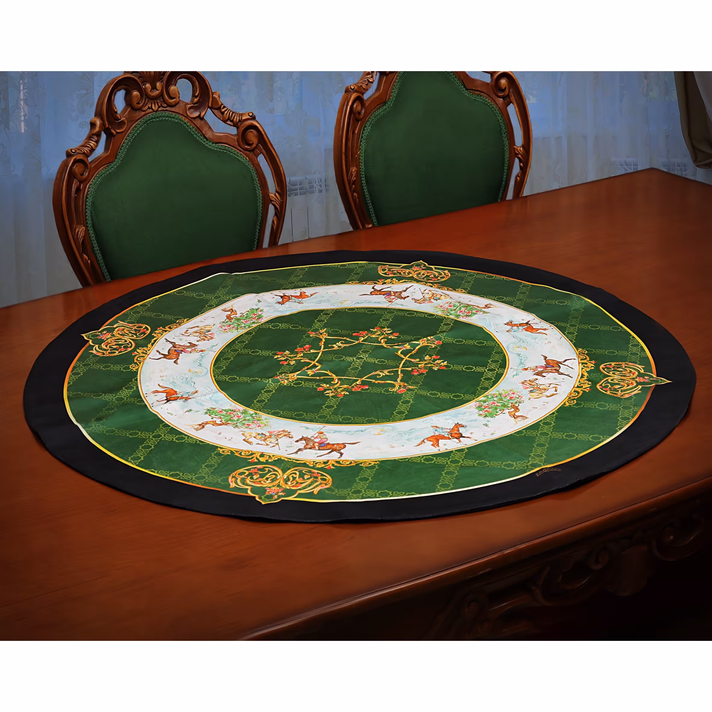 رومیزی دایره سایز 100 طرح چوگان سبز سلطنتی