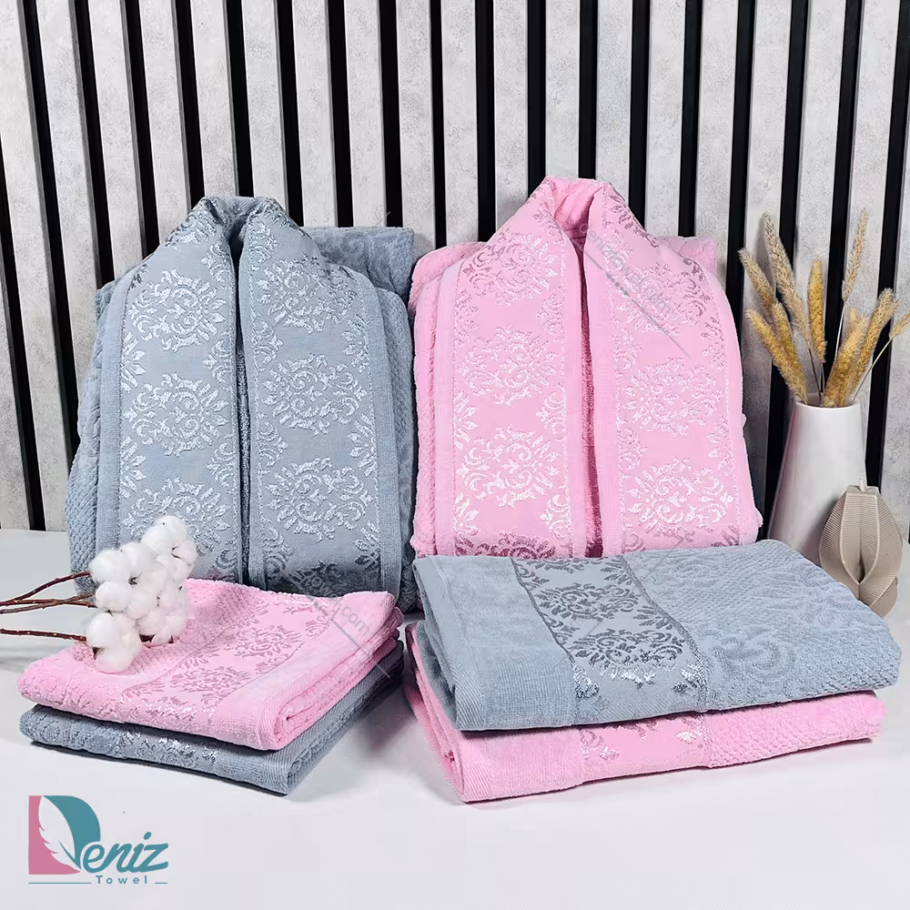 حوله ست دو نفره ژاکارد رنگ طوسی و صورتی