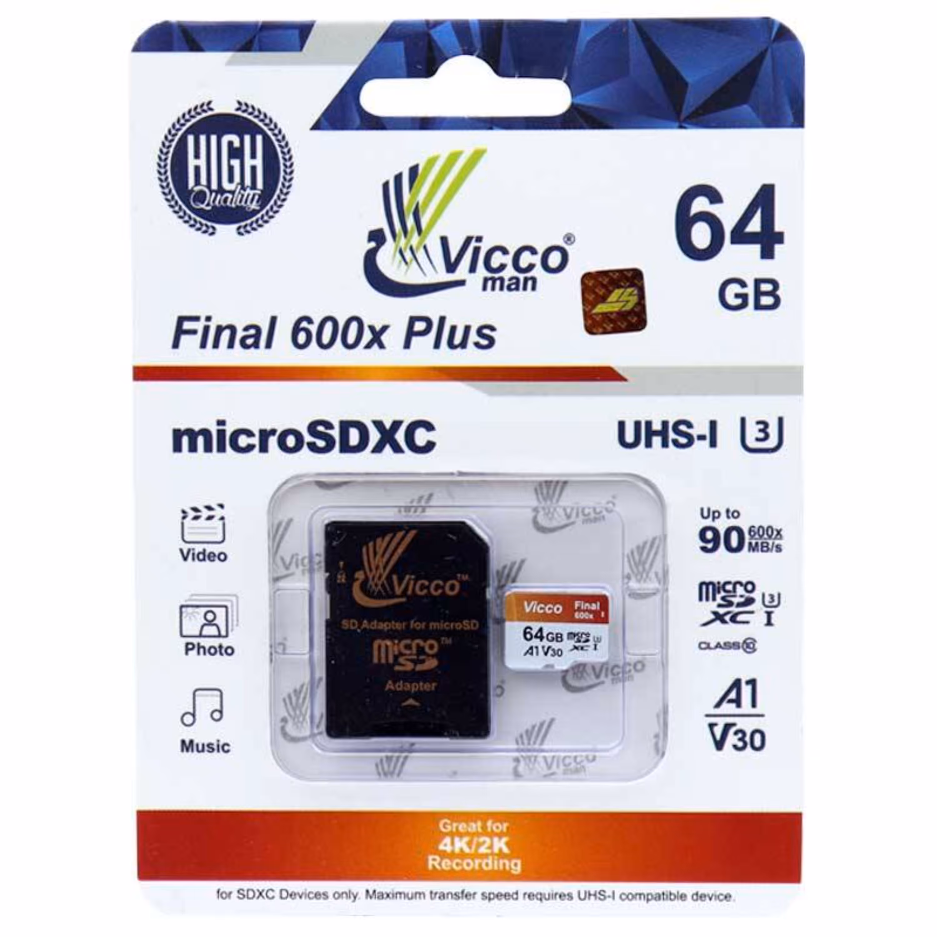 رم میکرو 64 گیگ ویکومن Vicco Final 600x Plus U3 A1 90MB s باخشاب