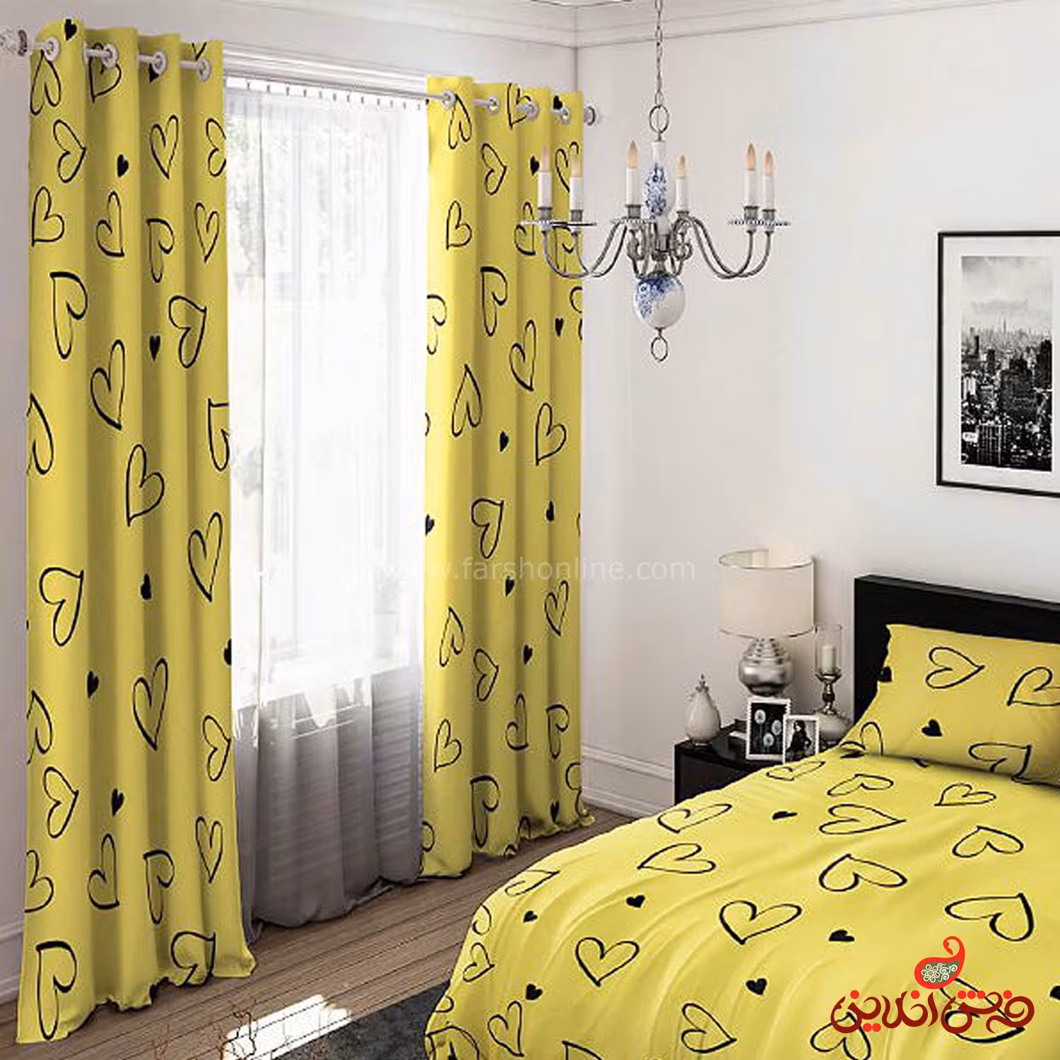 پرده 2 عددی طرح قلب زرد  کد 15149/1