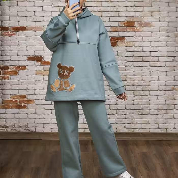 ست هودی شلوار دورس سه نخ برش دار کلاه دار در12 رنگ 