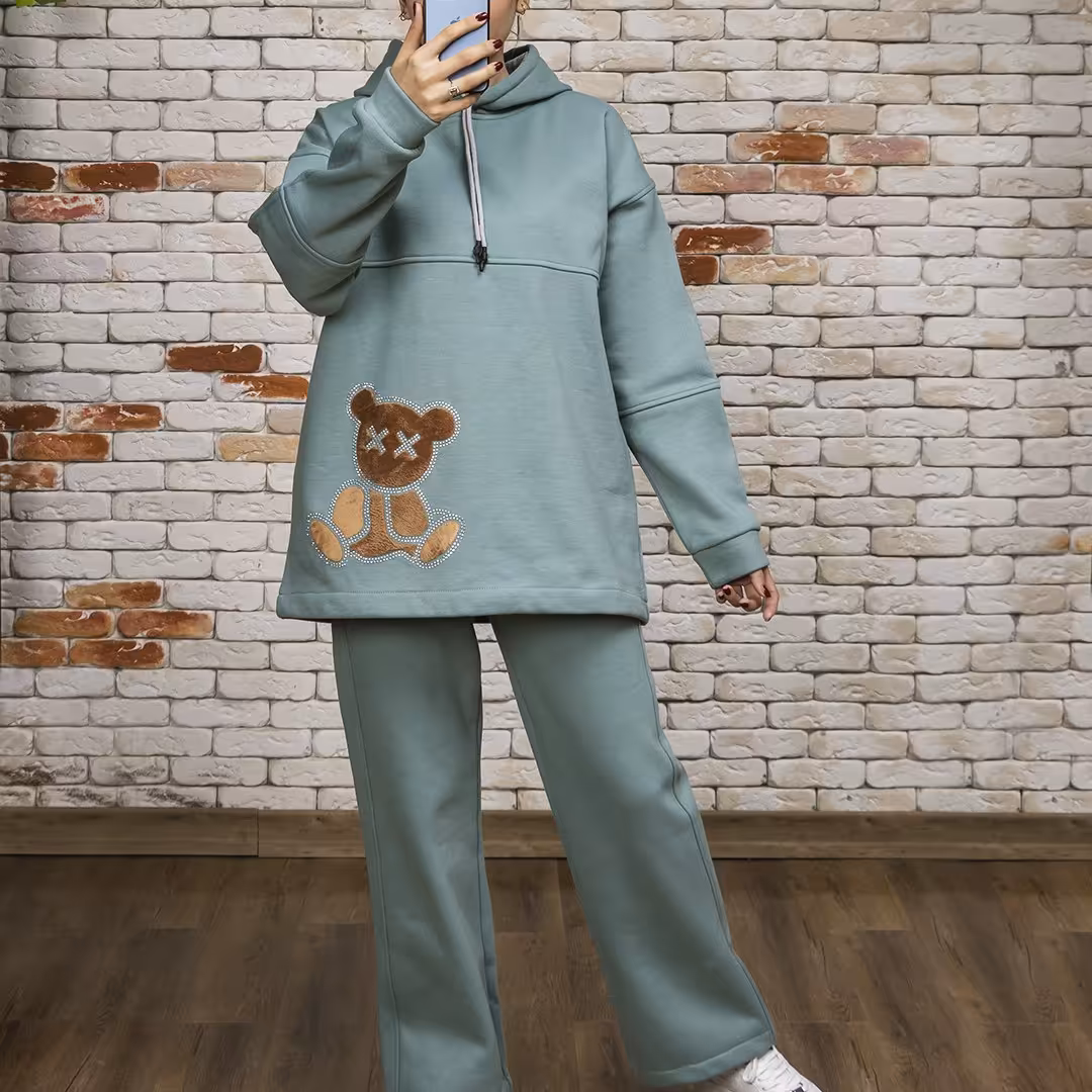 ست هودی شلوار دورس سه نخ برش دار کلاه دار در12 رنگ 