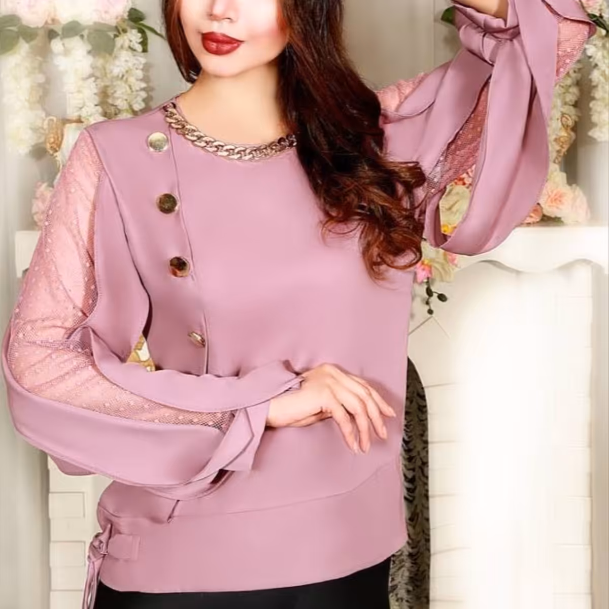 کراپ کرپ حریر 230 گرم قد 60 آستین دانتل سایزبندی از 38 تا 52 با کمربند