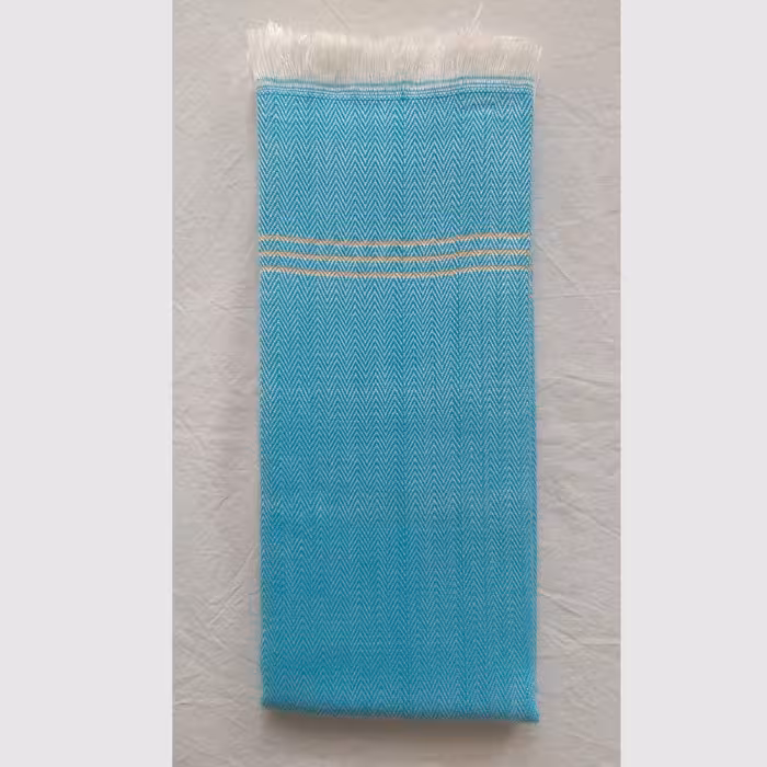 حوله دستباف آشپزخانه ساده  آبی فیروزه ای با حاشیه های طلایی