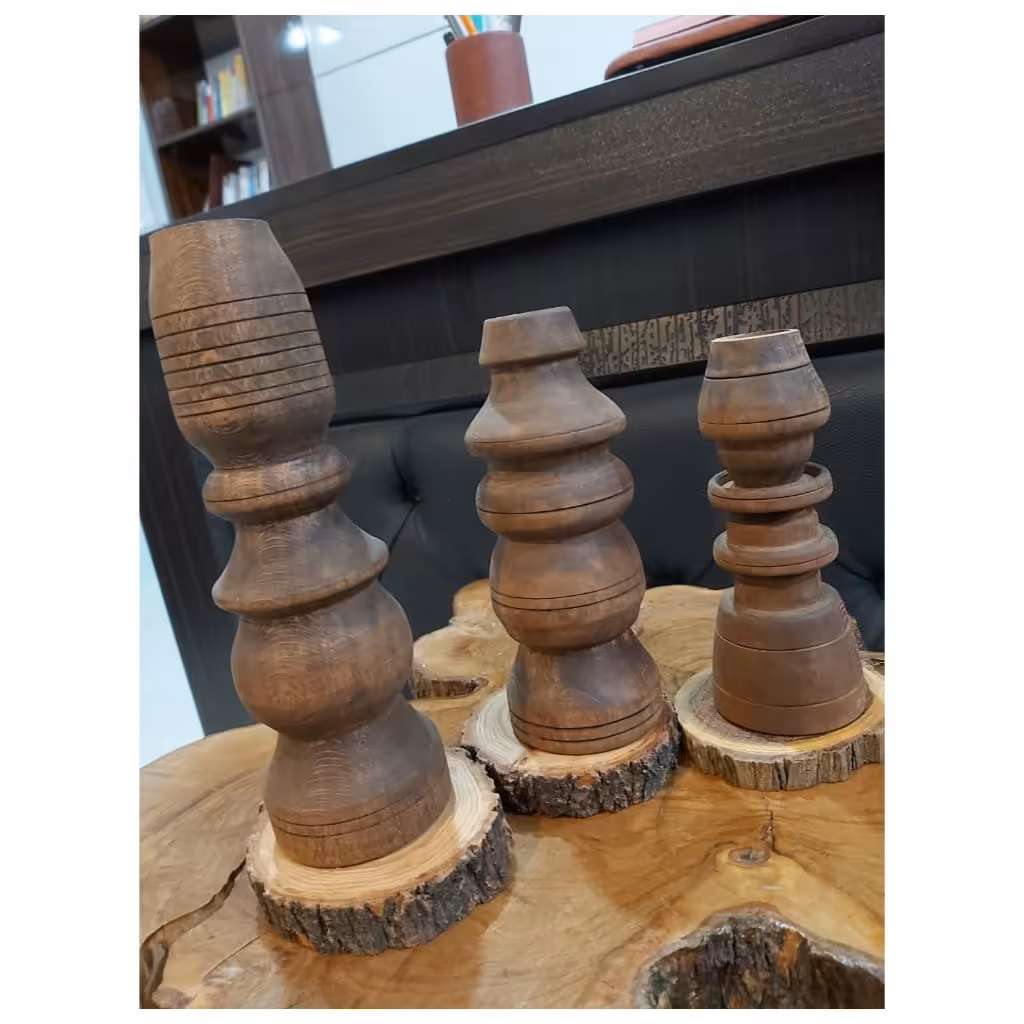 شمعدان های 3تایی چوبی خراطی چوب راش دست‌ساز رنگ طبیعی چوب 