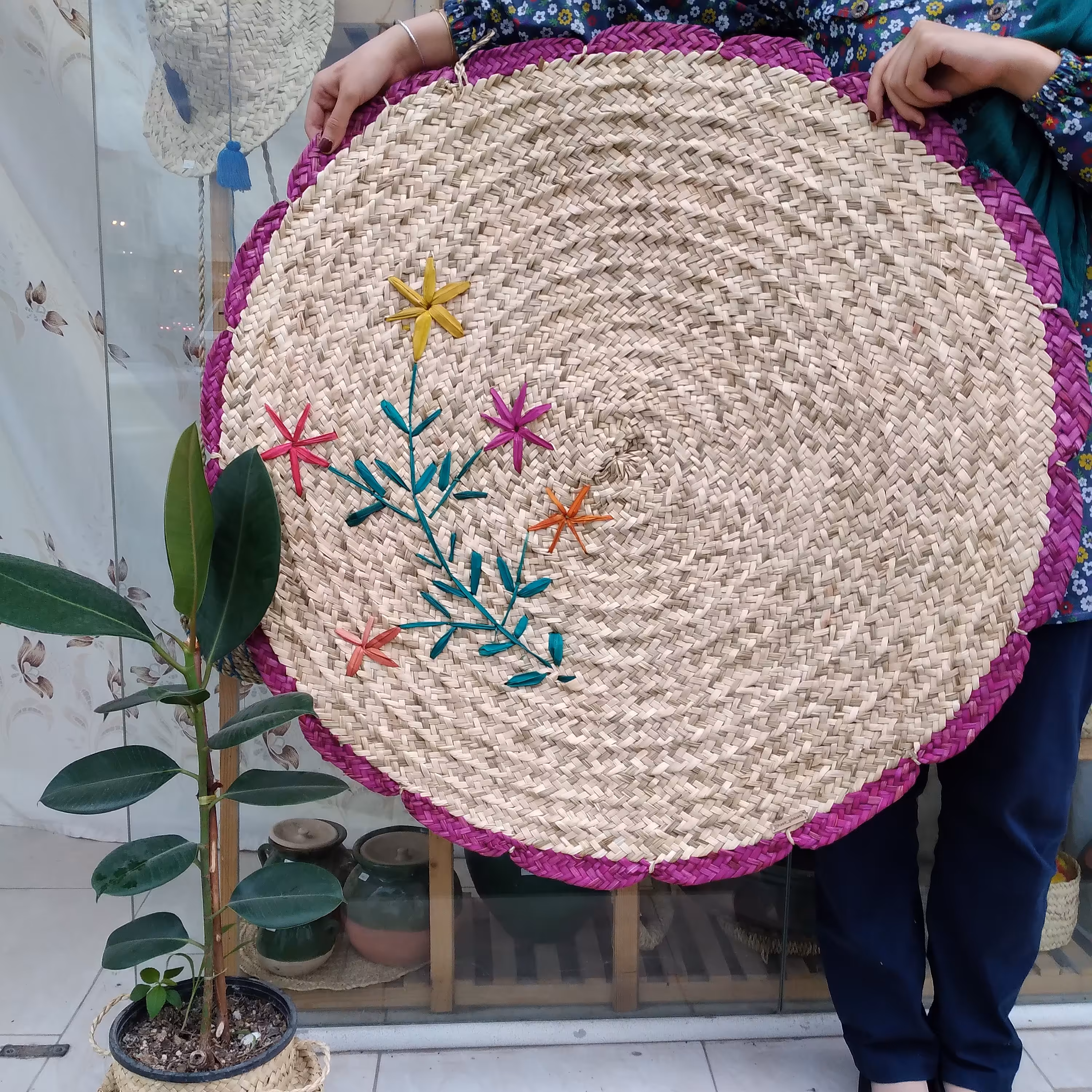 سفره حصیری گلدار 90 سانتی 4 نفره