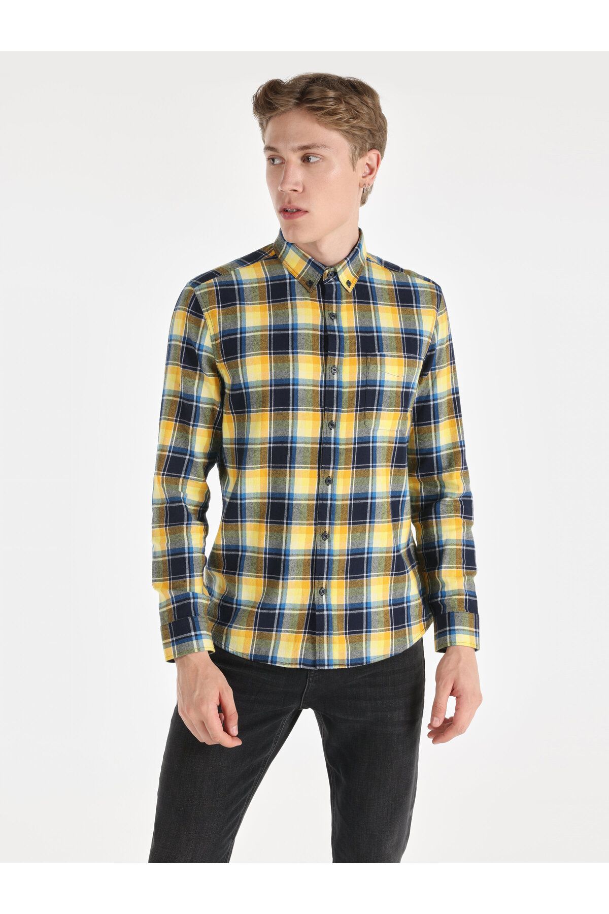 پیراهن / بلوز دکمه دار سبز مردانه آستین بلند آبی Slim Fit Square Blue Colin’s