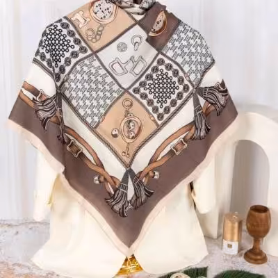 روسری نخی چهارفصل کمربندی کرمی نسکافه ای