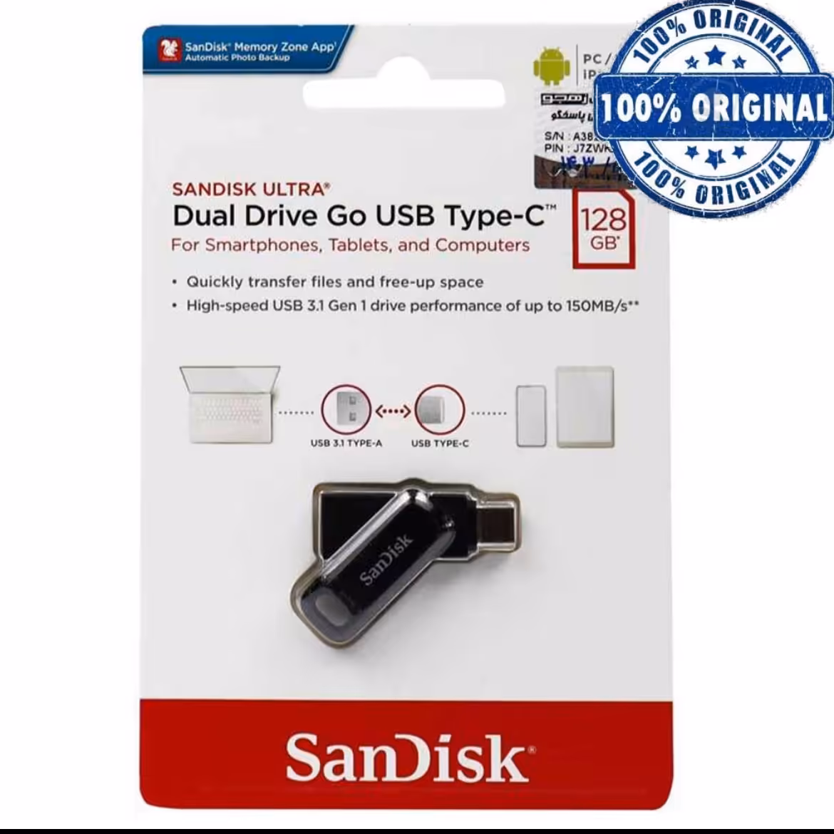 فلش 128 گیگ type c sandisk مدل go گارانتی 3 ساله ایران رهجو Usb3.1