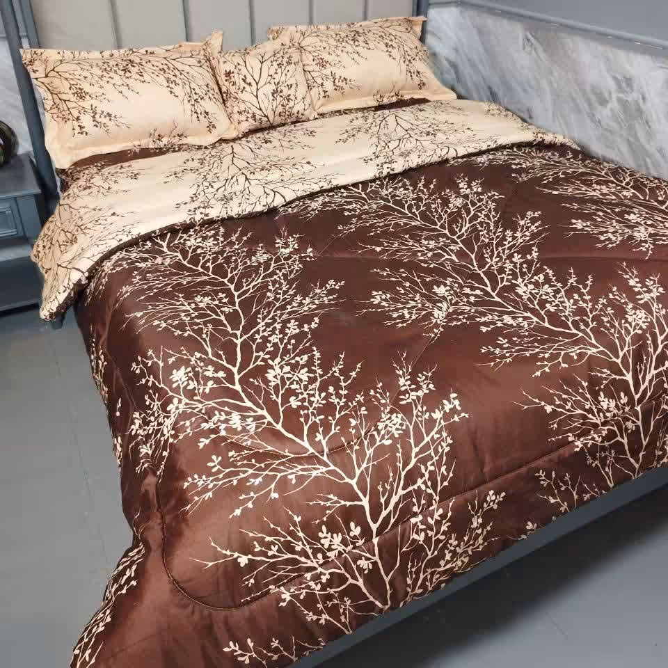روتختی تک نفره گلدار قهوه ای کرم دورو 4 تیکه