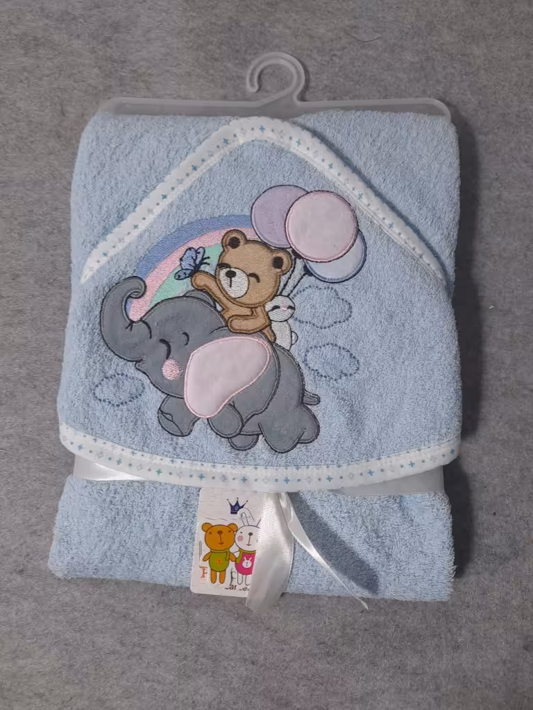 ست دوتکه حوله و لیف گلدوزی پرنس فیل خرس بادکنکی آبی