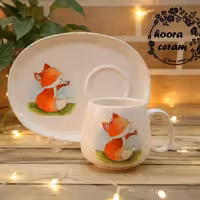 ست لیوان و زیر لیوانی سرامیکی دست ساز طرح روباه