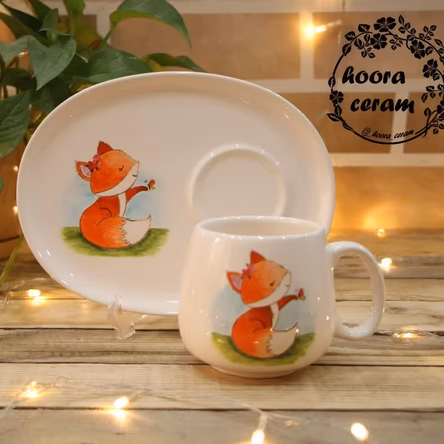 ست لیوان و زیر لیوانی سرامیکی دست ساز طرح روباه