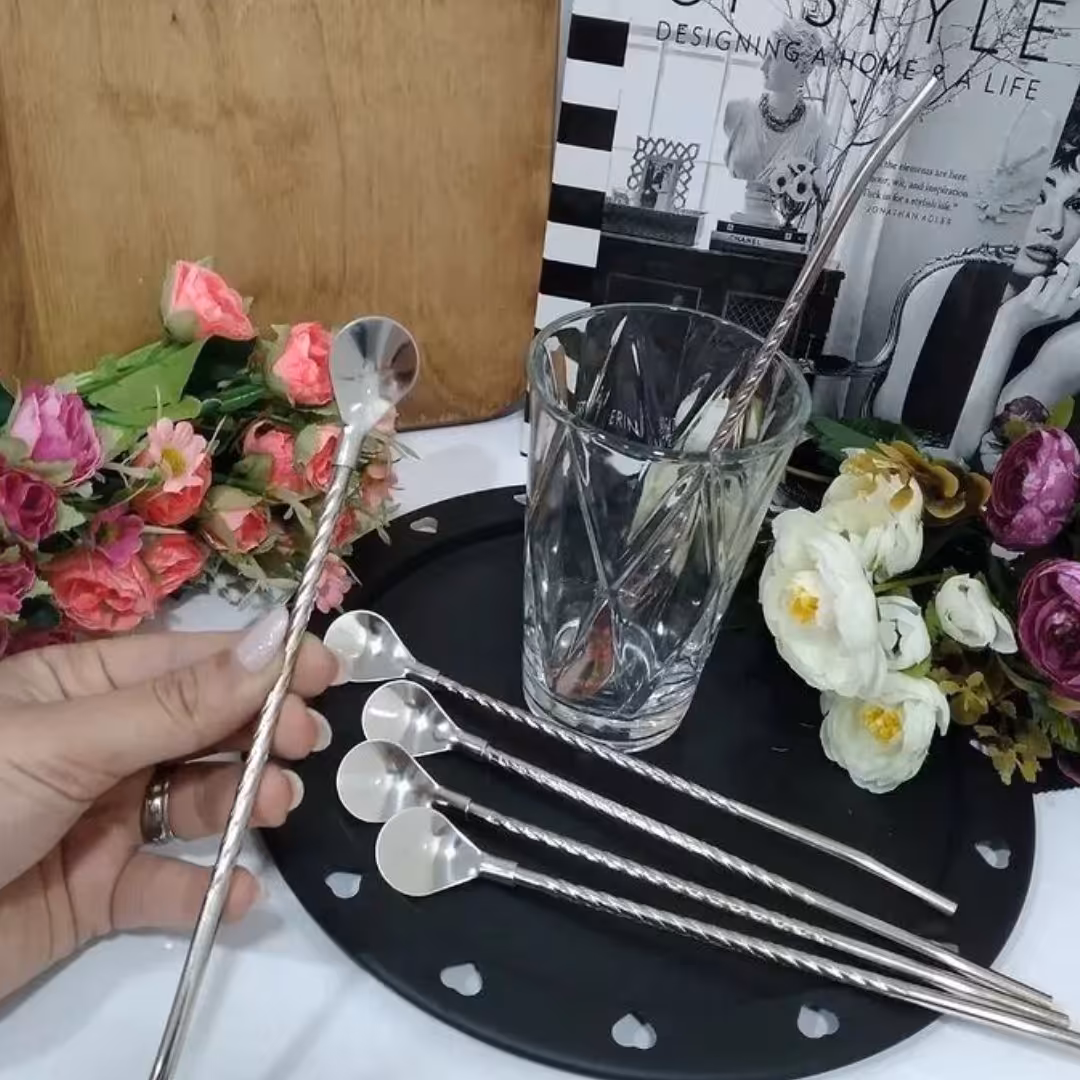 قاشق شربت خوری نی دار استیل بسته 6عددی