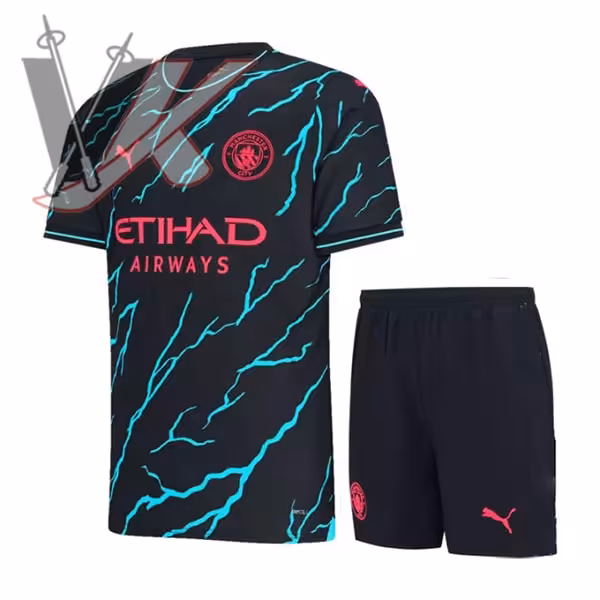 کیت سوم منچسترسیتی 2024 ست پیراهن شورت با لوگوی دوختی و تایلندی کد 2301003