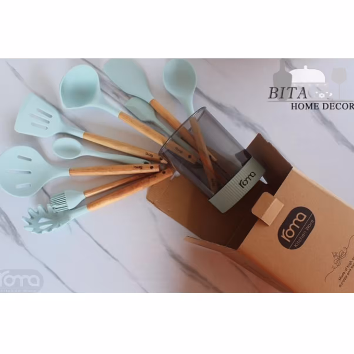 سرویس کفگیر ملاقه سیلیکونی دسته چوبی 10 پارچه ROMA