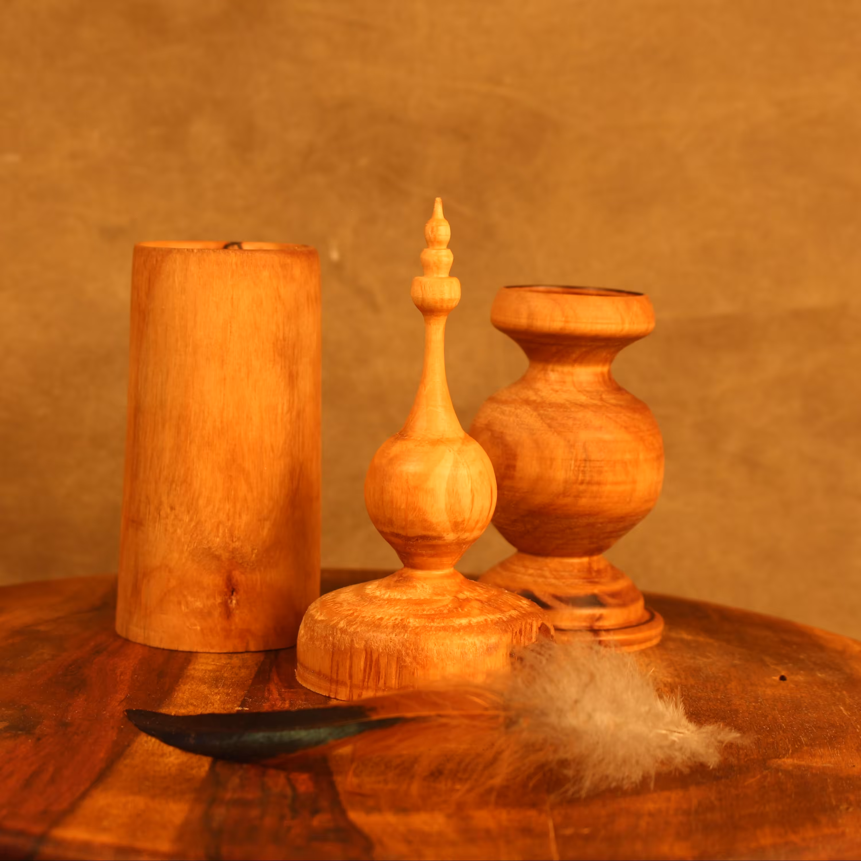 ست گلدان و جاشمعی و جای عود از جنس چوب توسکا