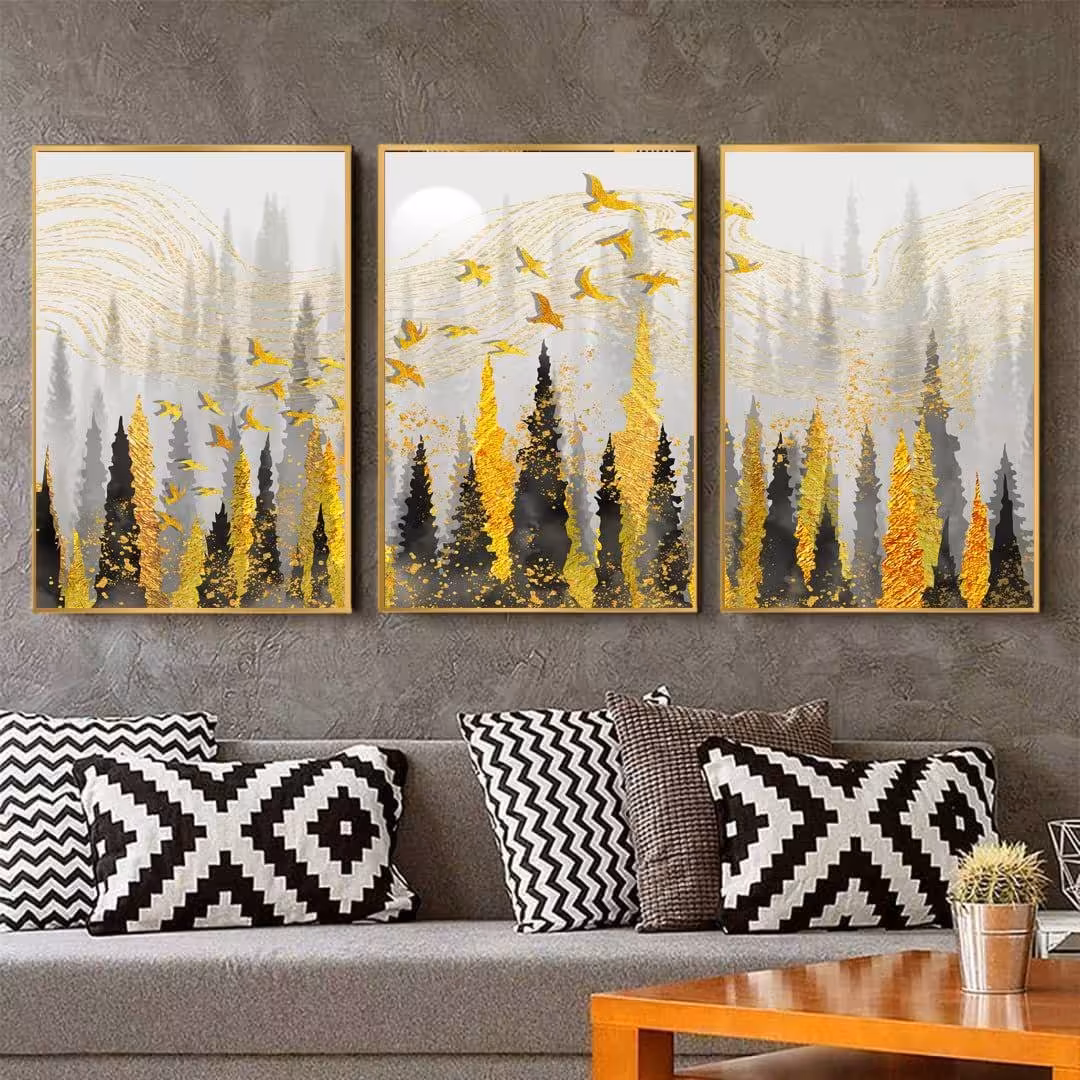 تابلو دکوراتیو طرح جنگل مشکی وطلایی سه تکه