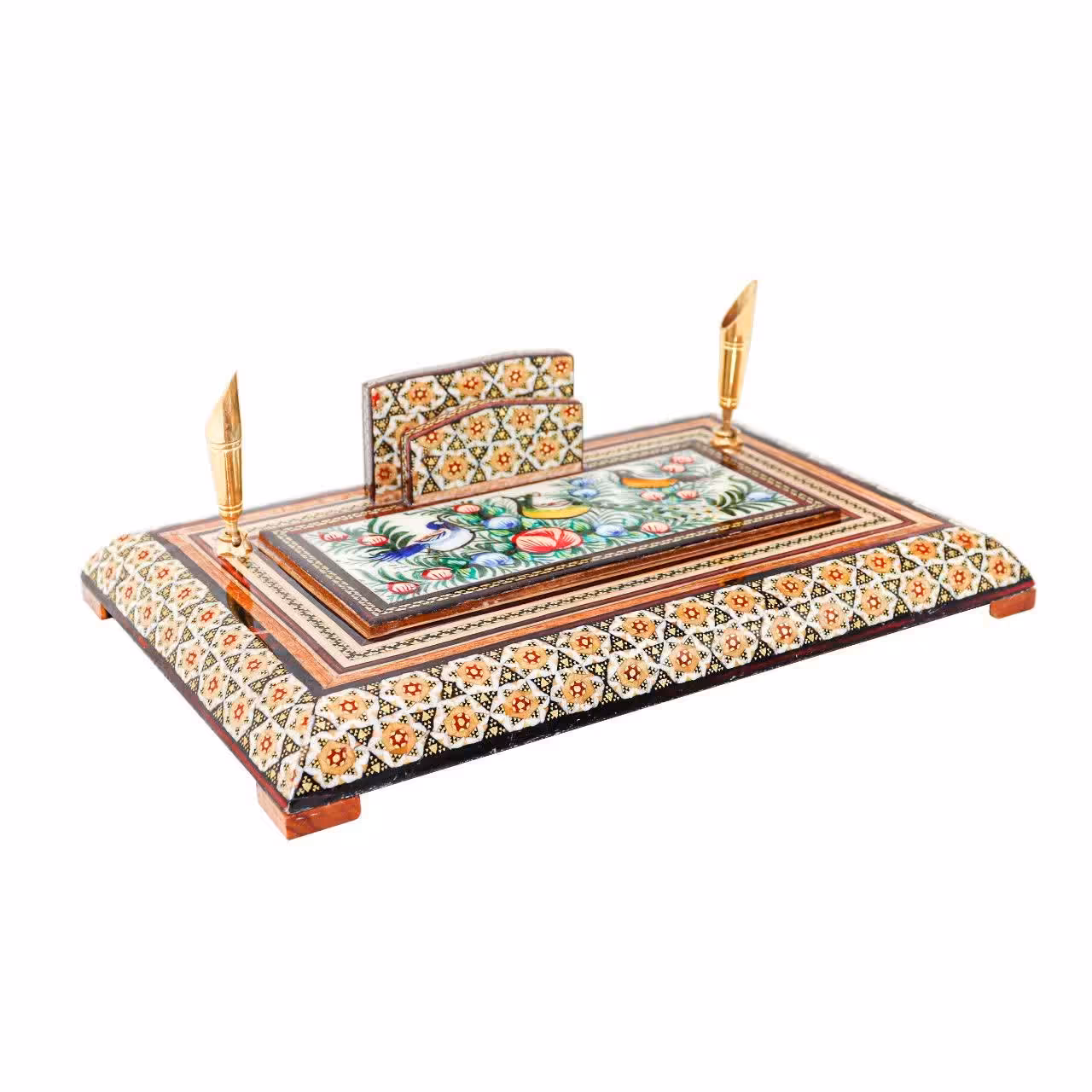 جا قلمی دوتایی متوسط خاتم کاری (مدل  گل و مرغ سبز برجسته)(گارانتی 120 ماهه)