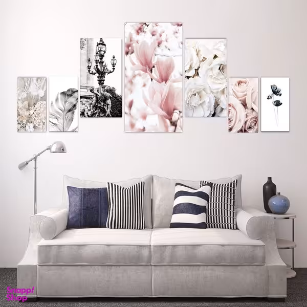 تابلو شاسی بکلیت طرح مدرن گل رز صورتی و پر مدل SH-1911 مجموعه 7 عددی
