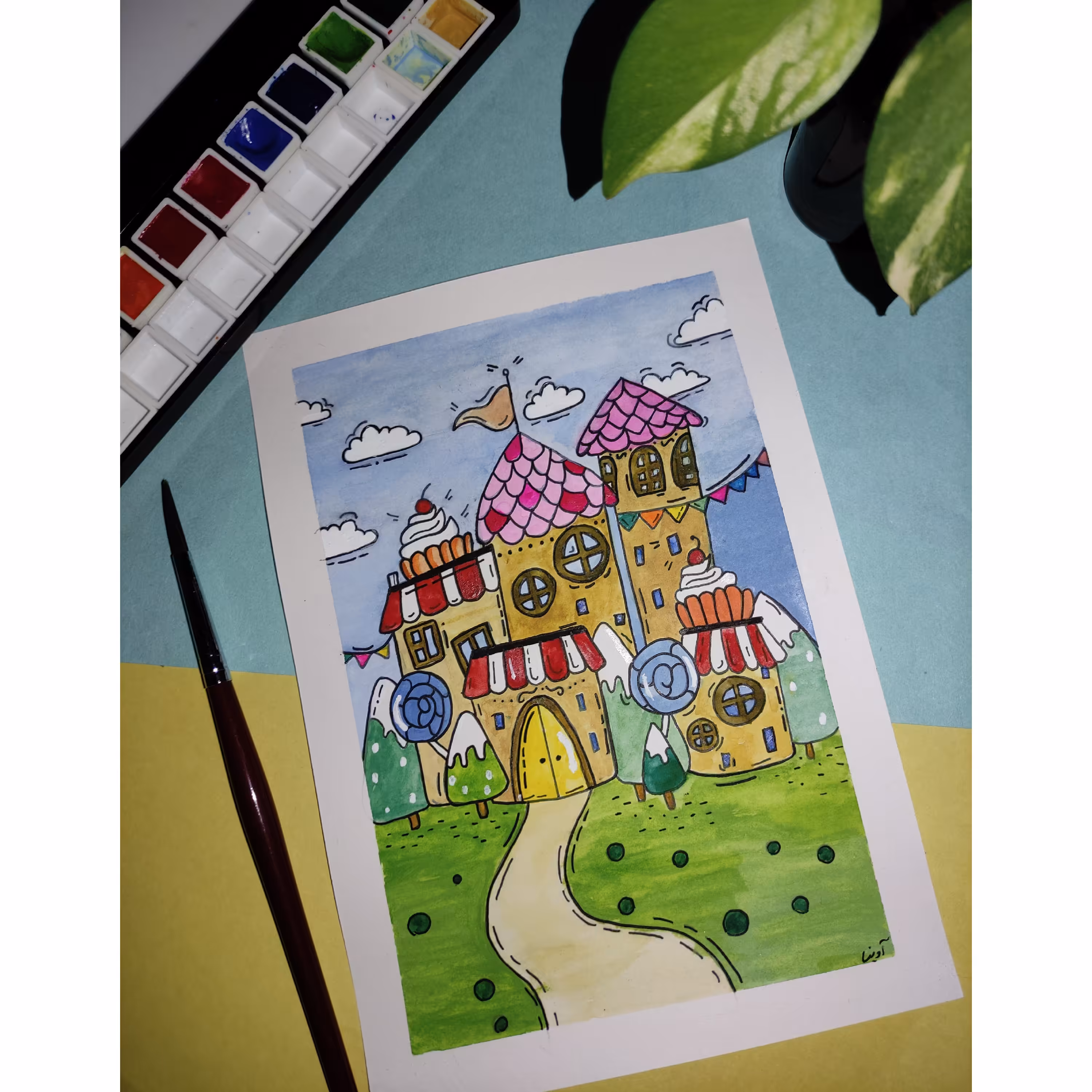 نقاشی آبرنگ طرح خانه آبنباتی ، سایز  A5