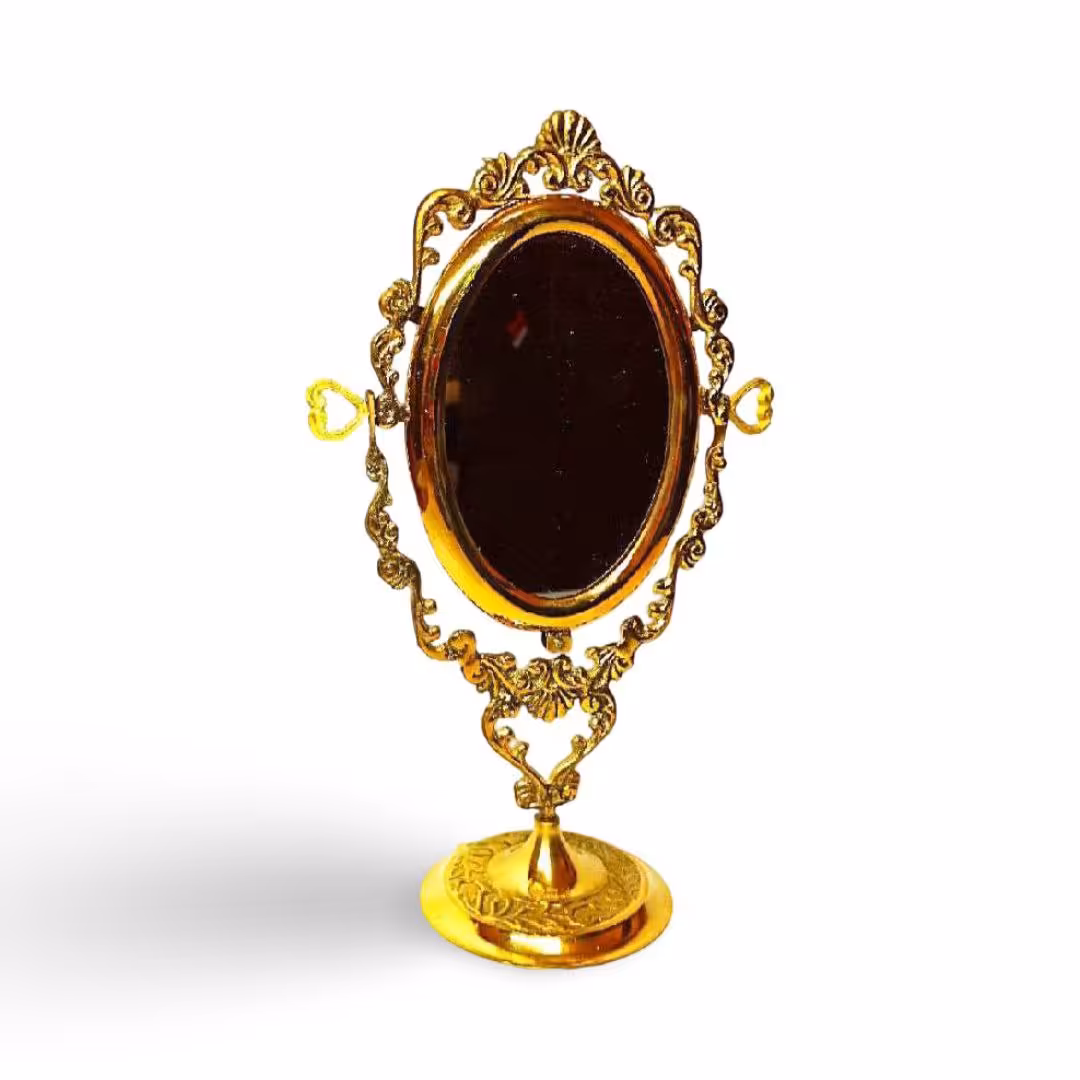 آینه برنجی رومیزی هندی کار دست با طراحی دور و پایه