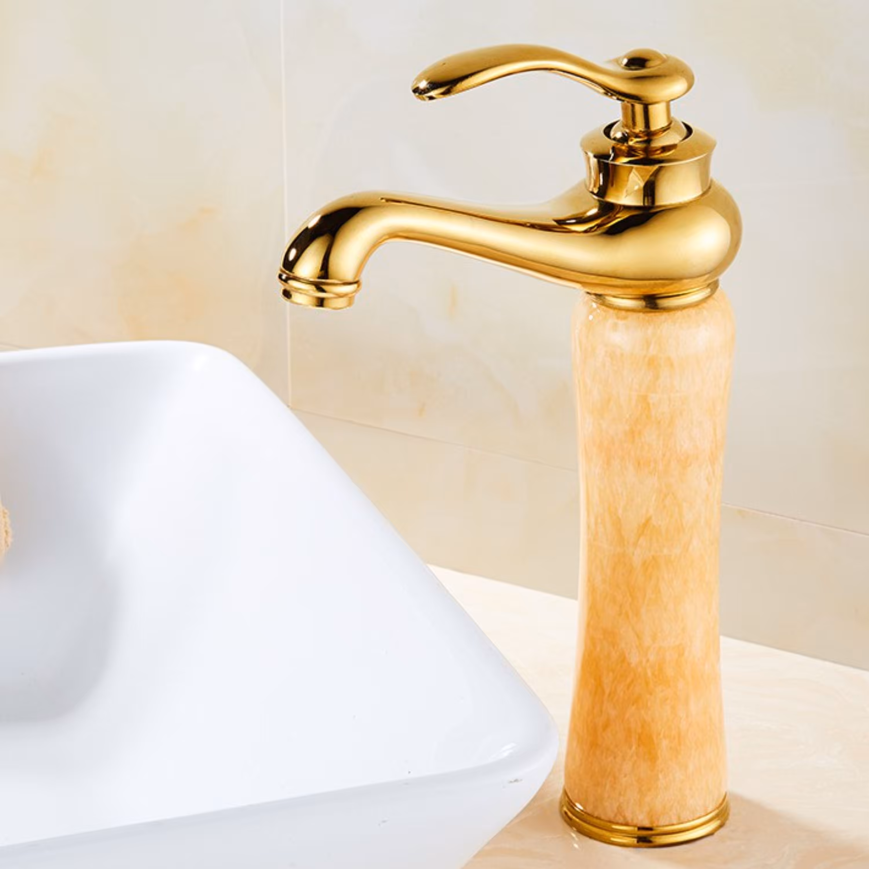 شیر روشویی پایه بلند سنگی کرم رنگ