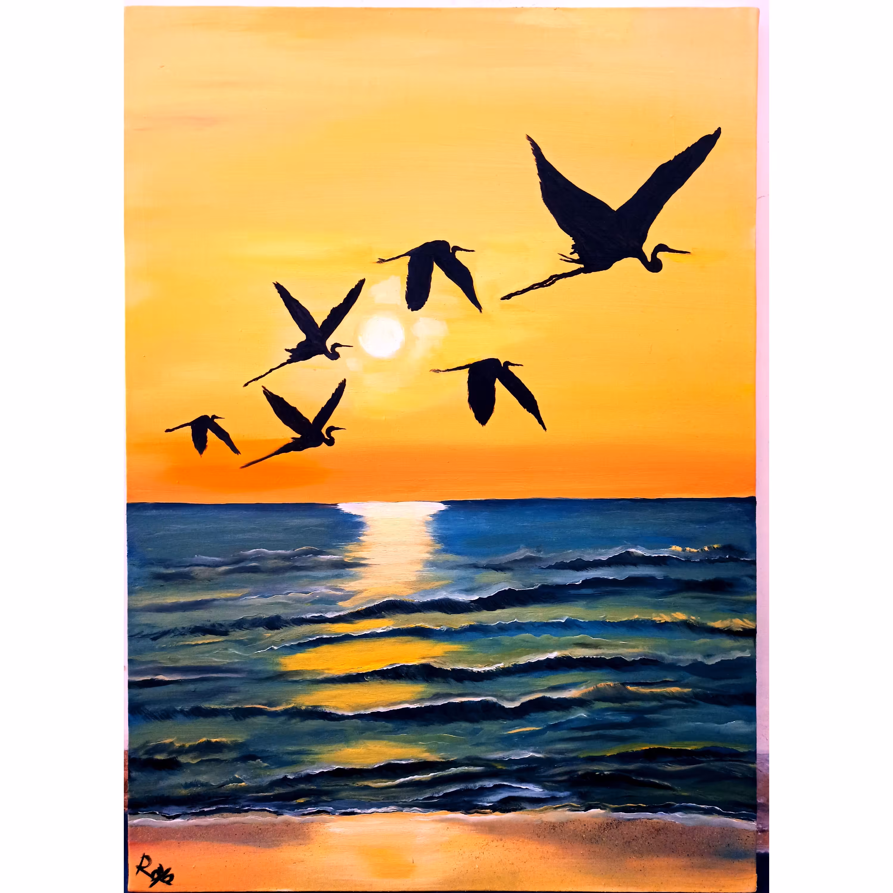 تابلو رنگ روغن بنام مهاجرت پلیکان ها