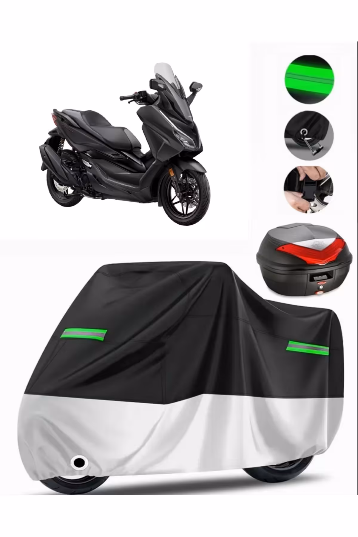 چادر موتورسیکلت خاکستری HONDA NSS250 FORZA 250 کیسه عقب سازگار با موتور سیکلت پریمیوم قفل سیاه گری MotoEn
