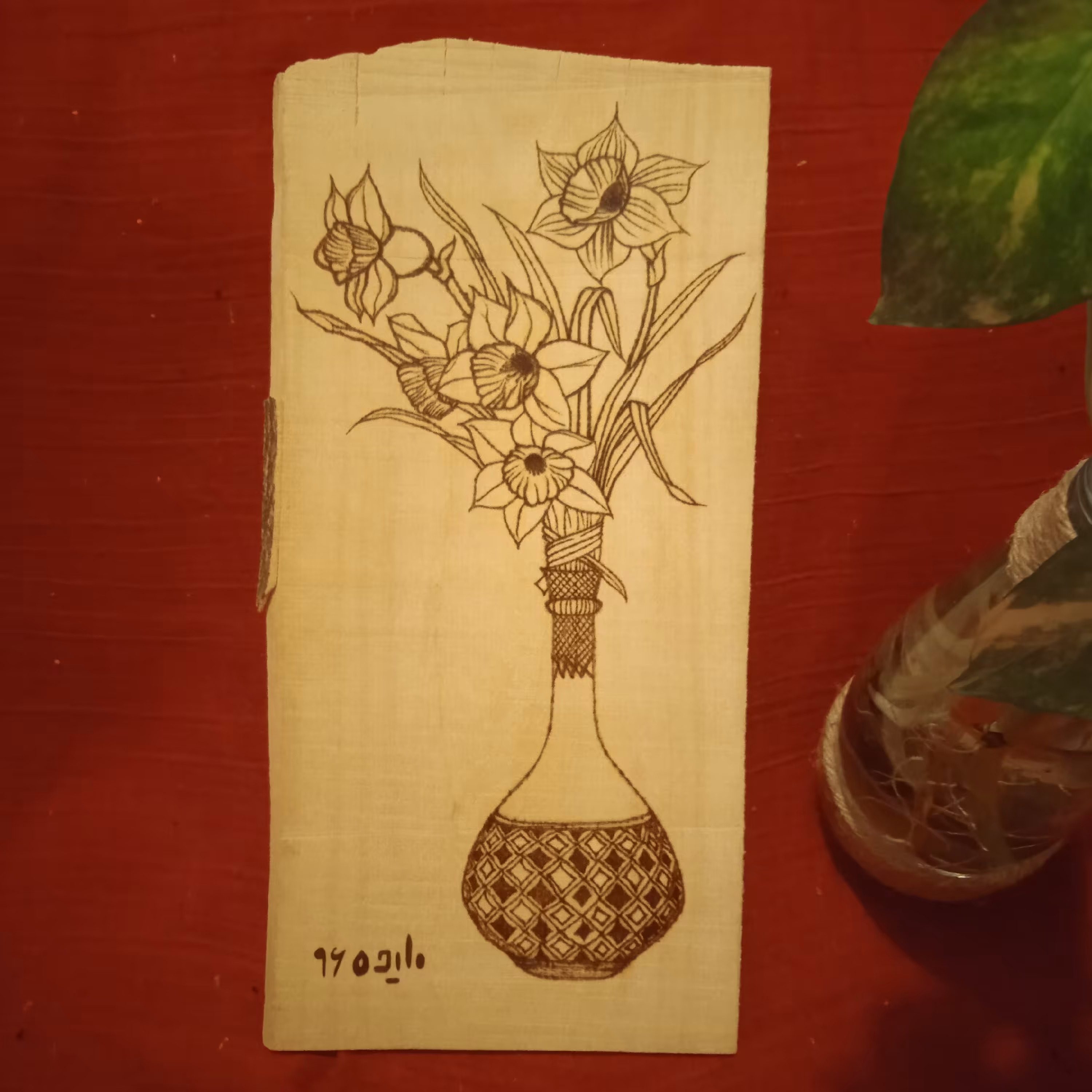 سوخت نگاری روی چوب طرح گلدان گل زیبا  ابعاد 27 در 13.5 سانتی متر