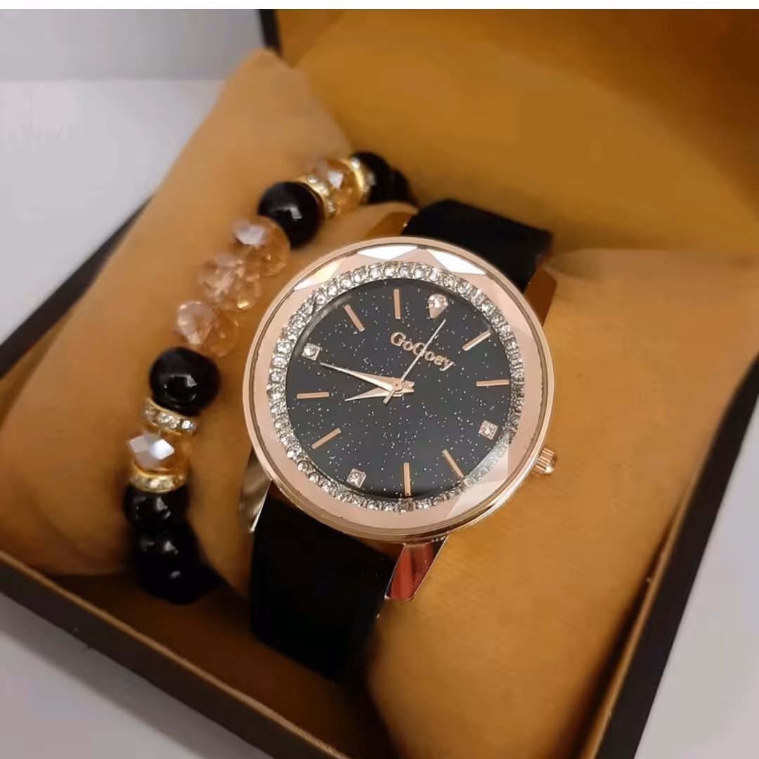 ساعت مچی زنانه دور نگین همراه با دستبند مرواریدی و جعبه چوبی