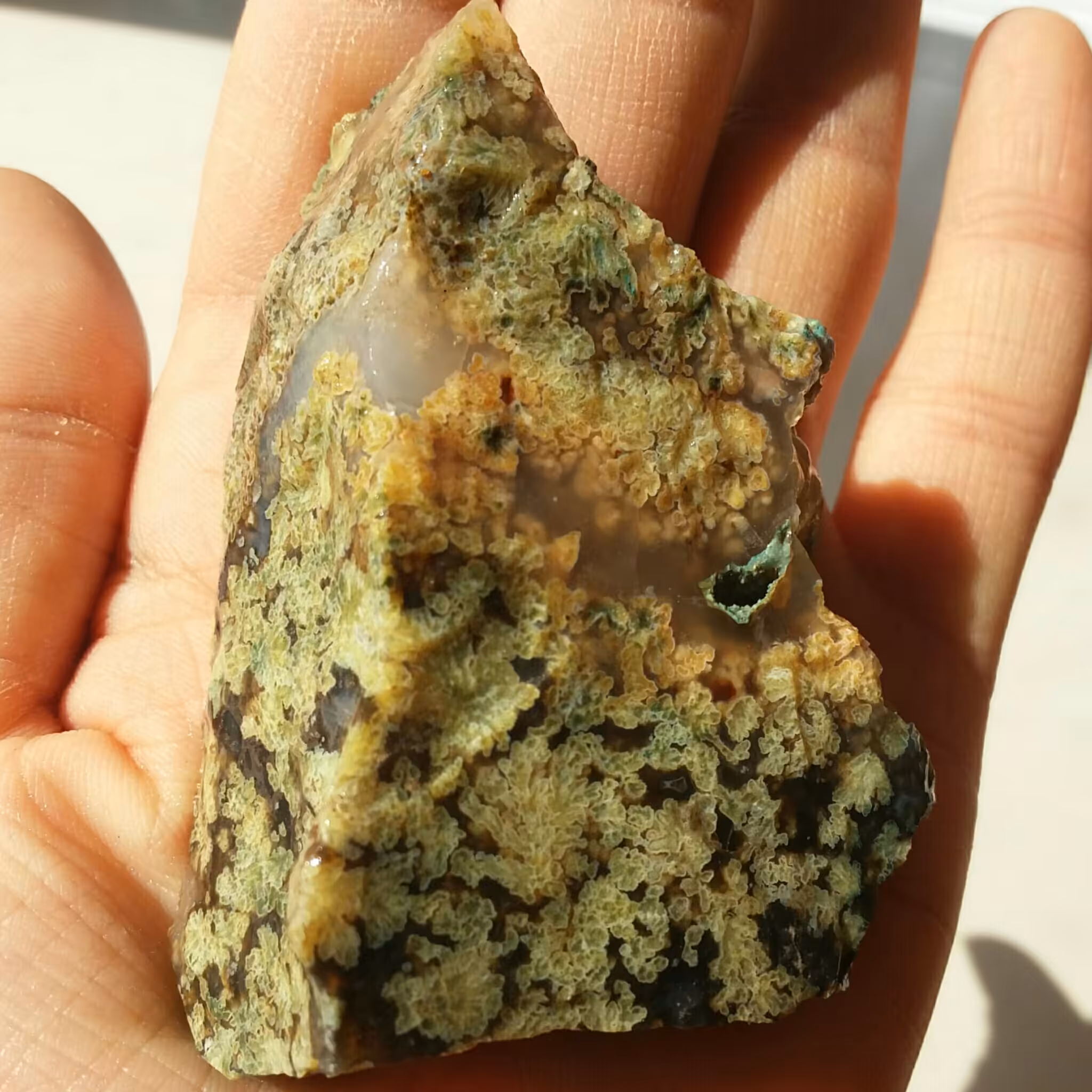 سنگ راف عقیق شجر شکوفه زردو سبز زمینه خرمایی دیدنی 100 در 100 طبیعی شاهکاار خلقت