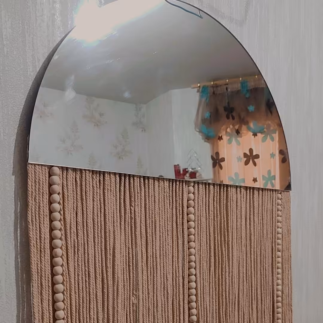 آیینه ی مدرن دکوراتیو مکرومه بامهره ی چوبی مینیمال شیک و زیبا