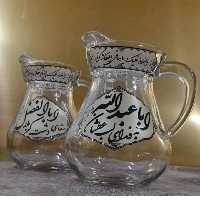 پارچ آب بلور اطلس با نقش عبارت به فدای لب عطشان اباعبدلله و سقای دشت کربلا ابالفضل 