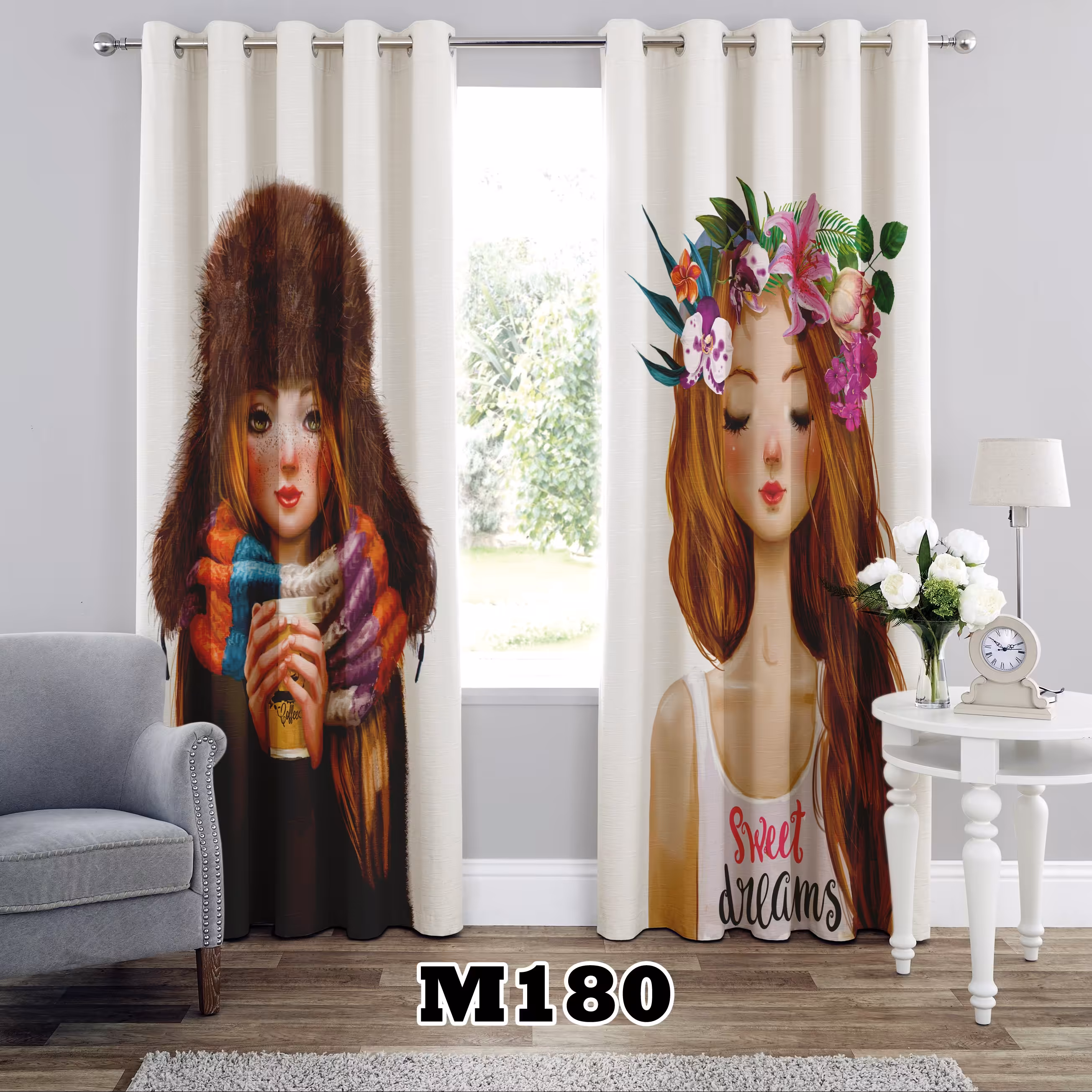 پرده چاپی پانچی طرح دخترانه کد M180 تک قواره ارتفاع 300 عرض 140 سانت
